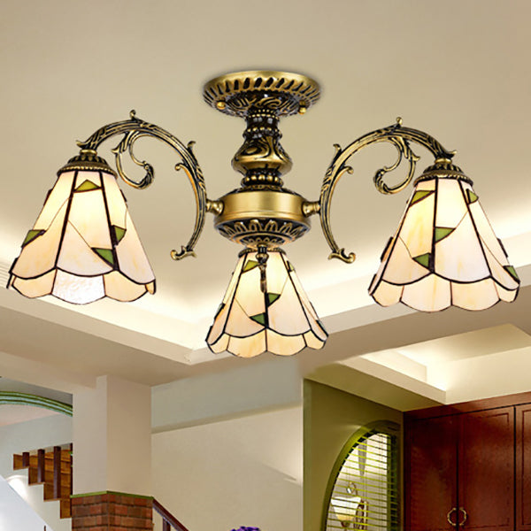 Conical Semi Flush Light Vintage Lodge Stained Glass 3/5 Heads Flush Ceiling Light in White/Antique Brass for Foyer 3 Antique Brass Clearhalo 'Ceiling Lights' 'Close To Ceiling Lights' 'Close to ceiling' 'Glass shade' 'Glass' 'Semi-flushmount' 'Tiffany close to ceiling' 'Tiffany' Lighting' 27768