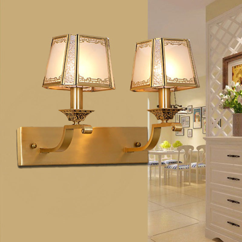 Metal Brass Vanity Lighting Trapezoid 1/2-Light Retro Wall Light Fixture for Bedroom 2.0 Brass Clearhalo 'Vanity Lights' 'Wall Lights' Lighting' 277815