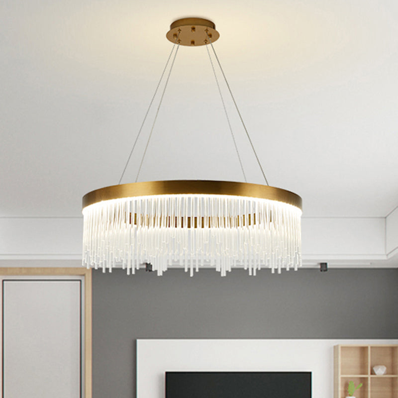 Tube Hanging Chandelier Modernist Crystal LED Brass Ceiling Pendant Light in Warm/White Light, 16"/23.5"/31.5" Wide Brass White Clearhalo 'Ceiling Lights' 'Chandeliers' 'Modern Chandeliers' 'Modern' Lighting' 277820