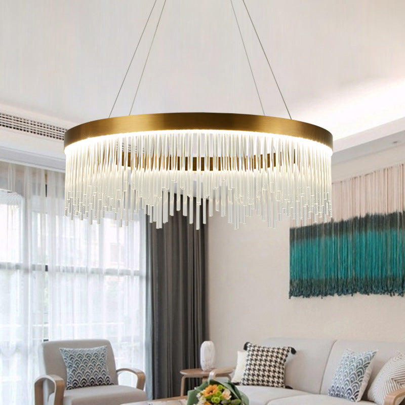 Tube Hanging Chandelier Modernist Crystal LED Brass Ceiling Pendant Light in Warm/White Light, 16"/23.5"/31.5" Wide Brass Warm Clearhalo 'Ceiling Lights' 'Chandeliers' 'Modern Chandeliers' 'Modern' Lighting' 277821