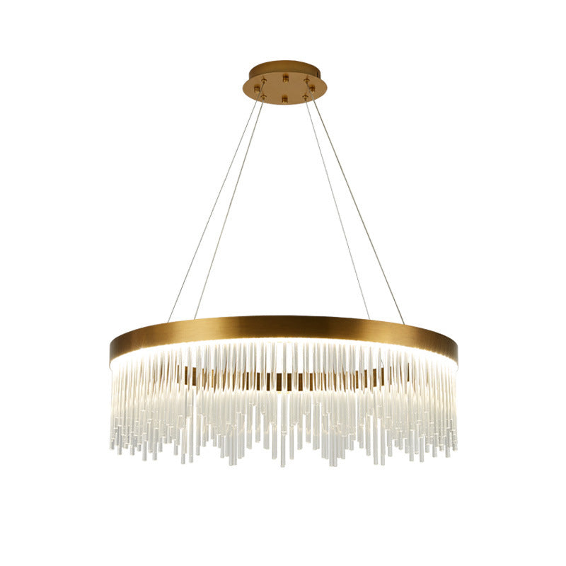 Tube Hanging Chandelier Modernist Crystal LED Brass Ceiling Pendant Light in Warm/White Light, 16"/23.5"/31.5" Wide Clearhalo 'Ceiling Lights' 'Chandeliers' 'Modern Chandeliers' 'Modern' Lighting' 277824