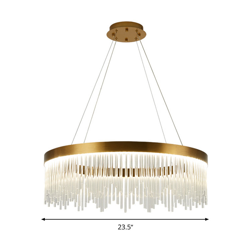 Tube Hanging Chandelier Modernist Crystal LED Brass Ceiling Pendant Light in Warm/White Light, 16"/23.5"/31.5" Wide Clearhalo 'Ceiling Lights' 'Chandeliers' 'Modern Chandeliers' 'Modern' Lighting' 277826