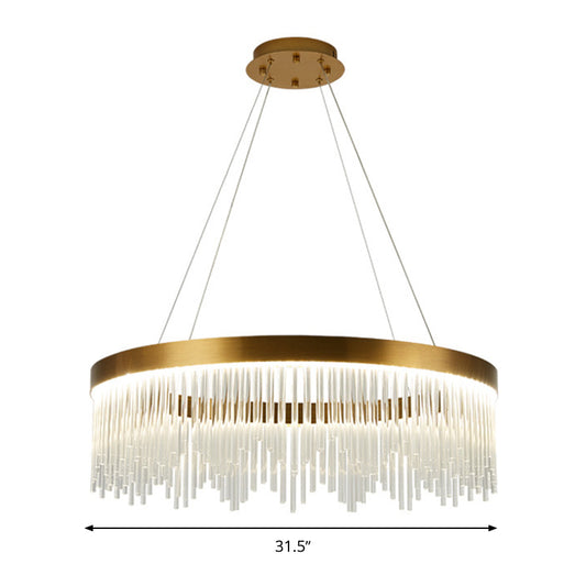 Tube Hanging Chandelier Modernist Crystal LED Brass Ceiling Pendant Light in Warm/White Light, 16"/23.5"/31.5" Wide Clearhalo 'Ceiling Lights' 'Chandeliers' 'Modern Chandeliers' 'Modern' Lighting' 277827