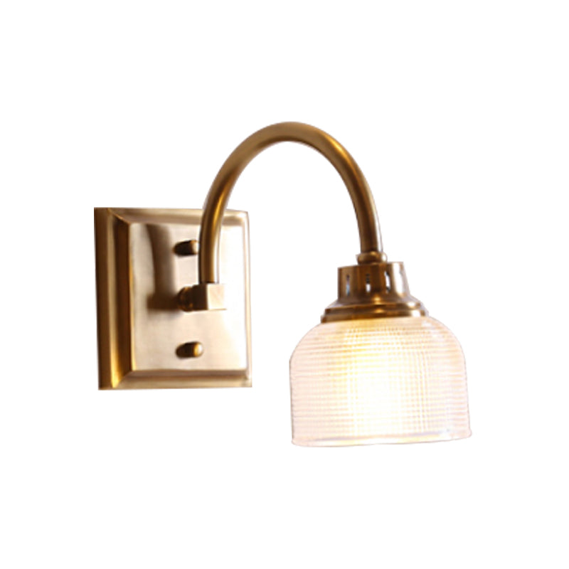 Metal Brass Wall Sconce Bowl 1/2/3-Light Vintage Wall Mounted Vanity Light with Ribbed Glass Shade for Bathroom Clearhalo 'Vanity Lights' 'Wall Lights' Lighting' 277843