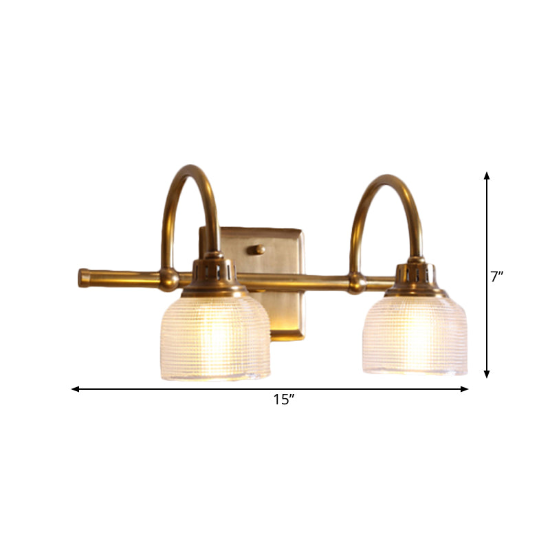 Metal Brass Wall Sconce Bowl 1/2/3-Light Vintage Wall Mounted Vanity Light with Ribbed Glass Shade for Bathroom Clearhalo 'Vanity Lights' 'Wall Lights' Lighting' 277849