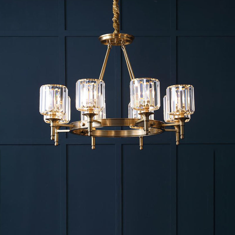 Faceted Crystal Cylinder Chandelier Lighting Modernist 3/5/6 Bulbs Ceiling Pendant Light in Brass Clearhalo 'Ceiling Lights' 'Chandeliers' 'Modern Chandeliers' 'Modern' Lighting' 277941