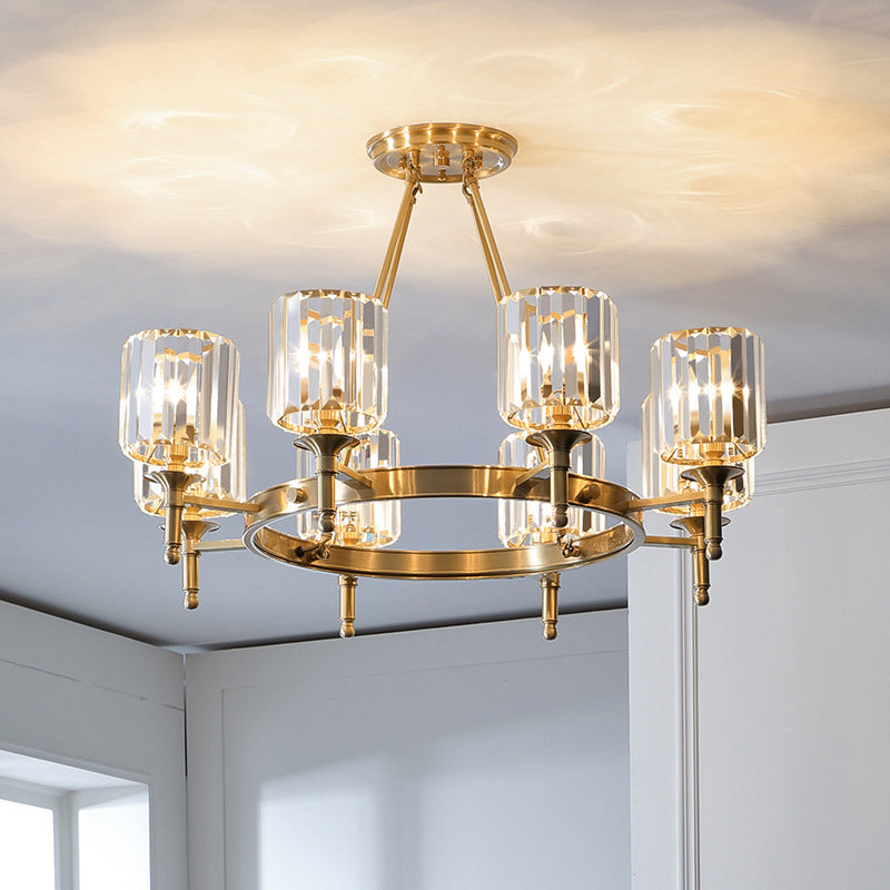 Faceted Crystal Cylinder Chandelier Lighting Modernist 3/5/6 Bulbs Ceiling Pendant Light in Brass 8 Brass Clearhalo 'Ceiling Lights' 'Chandeliers' 'Modern Chandeliers' 'Modern' Lighting' 277942