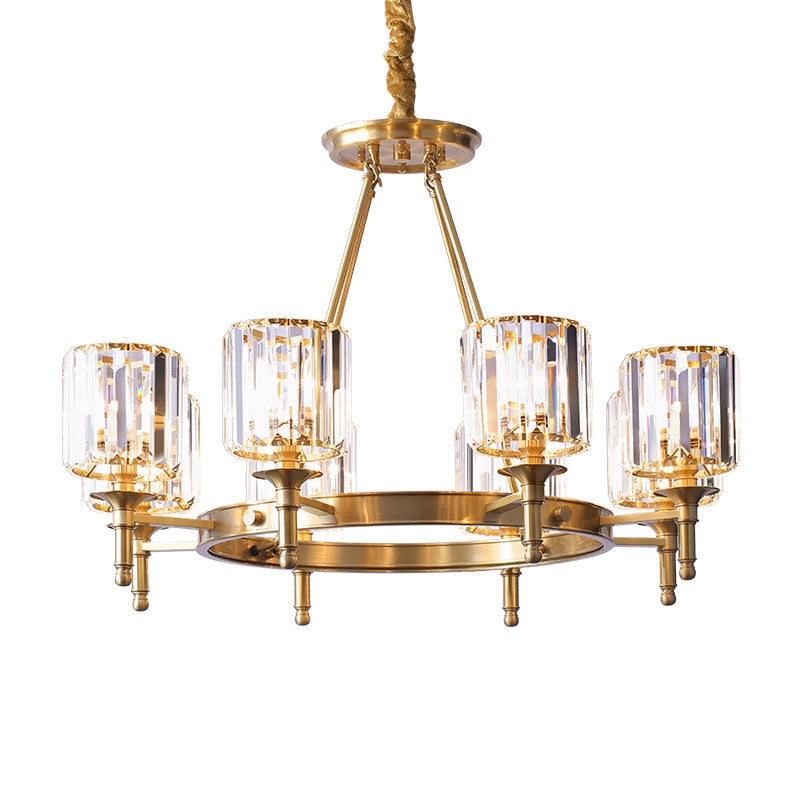 Faceted Crystal Cylinder Chandelier Lighting Modernist 3/5/6 Bulbs Ceiling Pendant Light in Brass Clearhalo 'Ceiling Lights' 'Chandeliers' 'Modern Chandeliers' 'Modern' Lighting' 277945