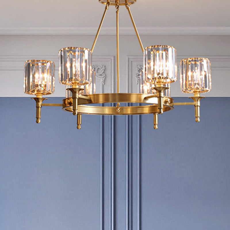 Faceted Crystal Cylinder Chandelier Lighting Modernist 3/5/6 Bulbs Ceiling Pendant Light in Brass 6 Brass Clearhalo 'Ceiling Lights' 'Chandeliers' 'Modern Chandeliers' 'Modern' Lighting' 277948