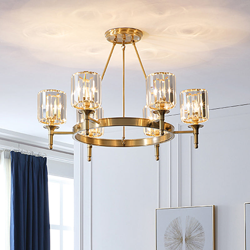 Faceted Crystal Cylinder Chandelier Lighting Modernist 3/5/6 Bulbs Ceiling Pendant Light in Brass Clearhalo 'Ceiling Lights' 'Chandeliers' 'Modern Chandeliers' 'Modern' Lighting' 277949