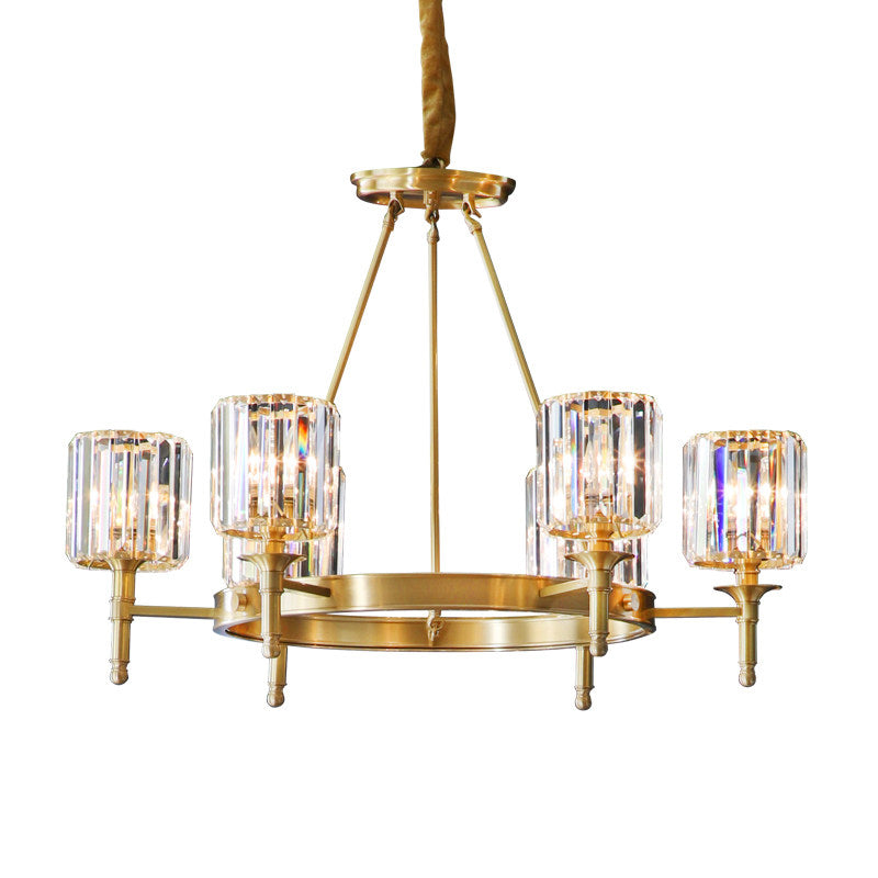 Faceted Crystal Cylinder Chandelier Lighting Modernist 3/5/6 Bulbs Ceiling Pendant Light in Brass Clearhalo 'Ceiling Lights' 'Chandeliers' 'Modern Chandeliers' 'Modern' Lighting' 277951