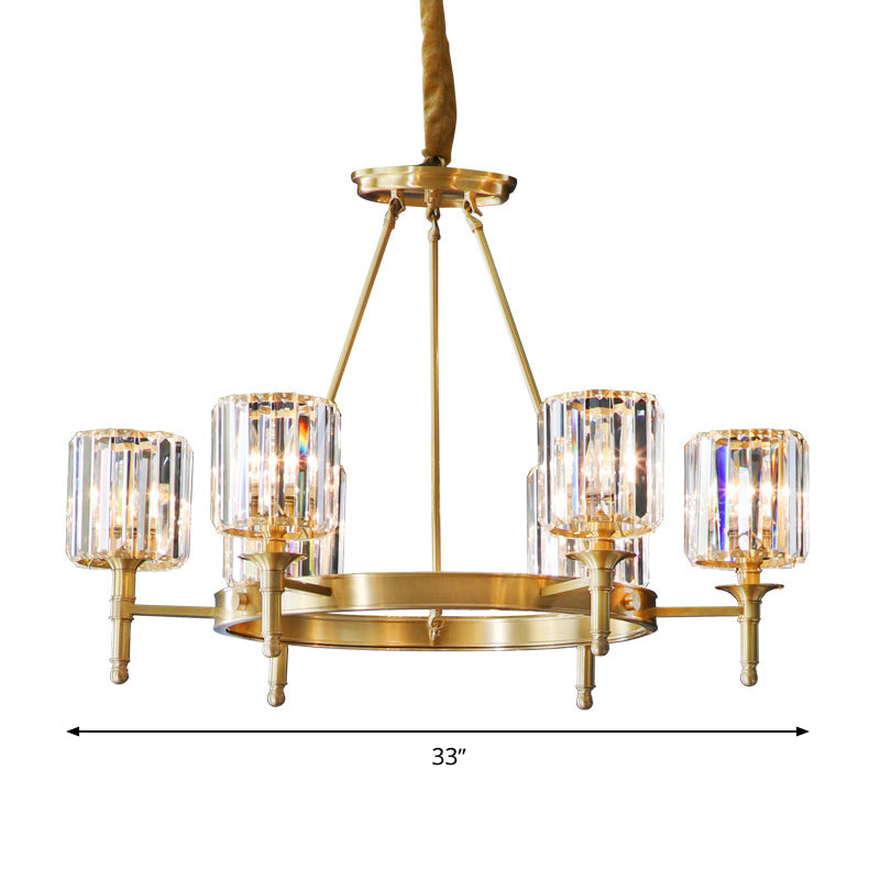 Faceted Crystal Cylinder Chandelier Lighting Modernist 3/5/6 Bulbs Ceiling Pendant Light in Brass Clearhalo 'Ceiling Lights' 'Chandeliers' 'Modern Chandeliers' 'Modern' Lighting' 277952