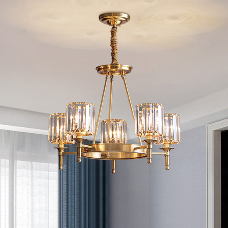 Faceted Crystal Cylinder Chandelier Lighting Modernist 3/5/6 Bulbs Ceiling Pendant Light in Brass Clearhalo 'Ceiling Lights' 'Chandeliers' 'Modern Chandeliers' 'Modern' Lighting' 277954