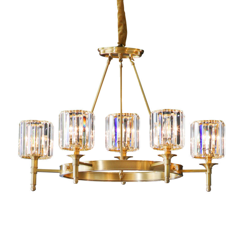 Faceted Crystal Cylinder Chandelier Lighting Modernist 3/5/6 Bulbs Ceiling Pendant Light in Brass Clearhalo 'Ceiling Lights' 'Chandeliers' 'Modern Chandeliers' 'Modern' Lighting' 277956