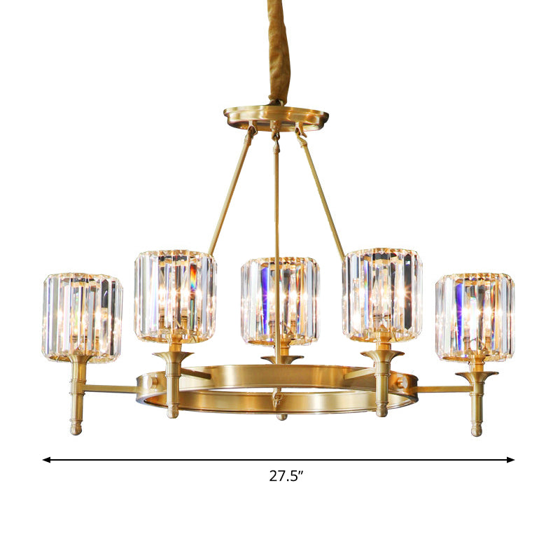 Faceted Crystal Cylinder Chandelier Lighting Modernist 3/5/6 Bulbs Ceiling Pendant Light in Brass Clearhalo 'Ceiling Lights' 'Chandeliers' 'Modern Chandeliers' 'Modern' Lighting' 277957