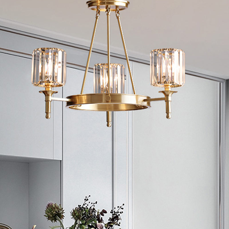 Faceted Crystal Cylinder Chandelier Lighting Modernist 3/5/6 Bulbs Ceiling Pendant Light in Brass 3 Brass Clearhalo 'Ceiling Lights' 'Chandeliers' 'Modern Chandeliers' 'Modern' Lighting' 277958