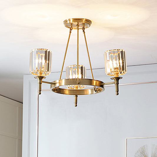 Faceted Crystal Cylinder Chandelier Lighting Modernist 3/5/6 Bulbs Ceiling Pendant Light in Brass Clearhalo 'Ceiling Lights' 'Chandeliers' 'Modern Chandeliers' 'Modern' Lighting' 277959