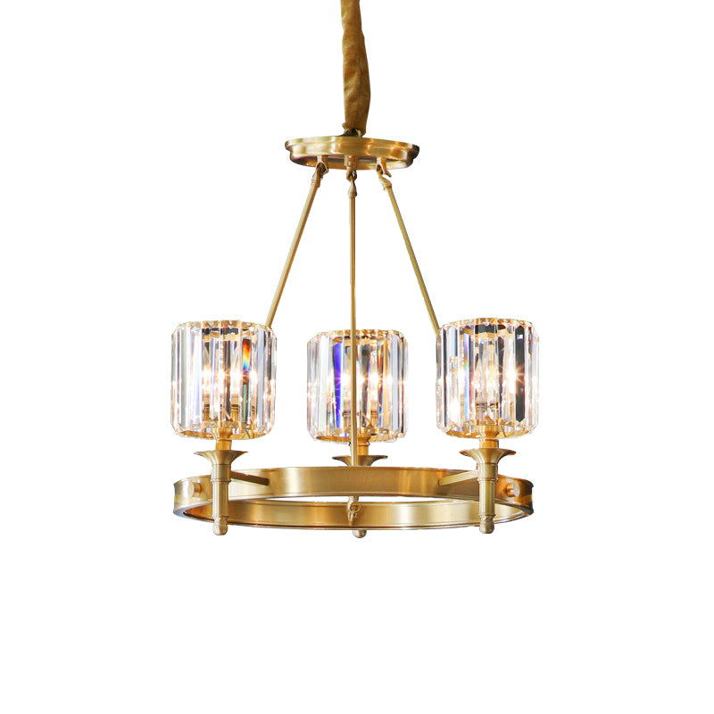 Faceted Crystal Cylinder Chandelier Lighting Modernist 3/5/6 Bulbs Ceiling Pendant Light in Brass Clearhalo 'Ceiling Lights' 'Chandeliers' 'Modern Chandeliers' 'Modern' Lighting' 277961