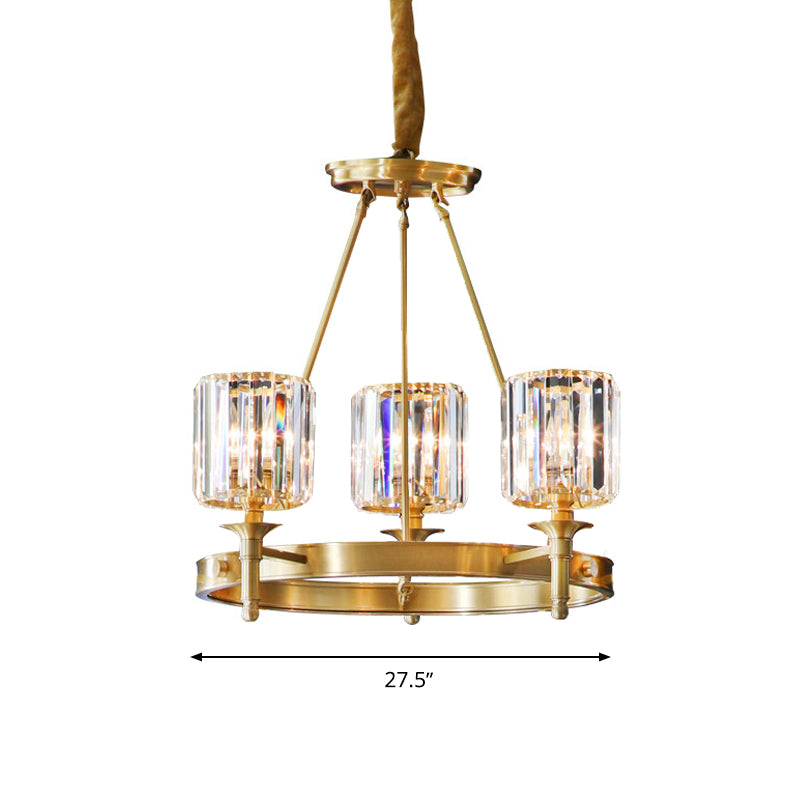 Faceted Crystal Cylinder Chandelier Lighting Modernist 3/5/6 Bulbs Ceiling Pendant Light in Brass Clearhalo 'Ceiling Lights' 'Chandeliers' 'Modern Chandeliers' 'Modern' Lighting' 277962