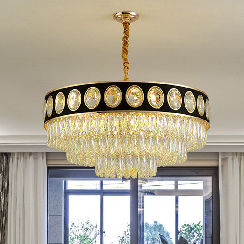 Black and Gold 3 Tiers Hanging Light Postmodern 9/11 Heads Crystal Block Chandelier Lighting, 19.5"/23.5" Wide Clearhalo 'Ceiling Lights' 'Chandeliers' 'Modern Chandeliers' 'Modern' Lighting' 278213