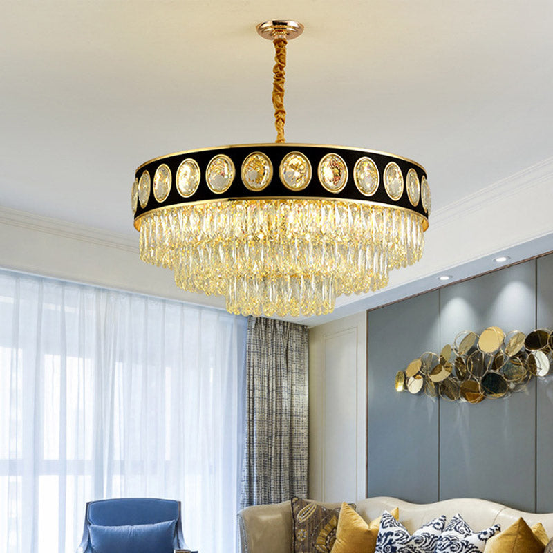 Black and Gold 3 Tiers Hanging Light Postmodern 9/11 Heads Crystal Block Chandelier Lighting, 19.5"/23.5" Wide Clearhalo 'Ceiling Lights' 'Chandeliers' 'Modern Chandeliers' 'Modern' Lighting' 278214