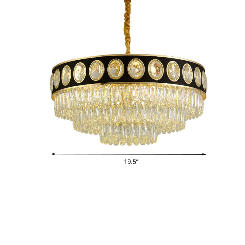 Black and Gold 3 Tiers Hanging Light Postmodern 9/11 Heads Crystal Block Chandelier Lighting, 19.5"/23.5" Wide Clearhalo 'Ceiling Lights' 'Chandeliers' 'Modern Chandeliers' 'Modern' Lighting' 278217