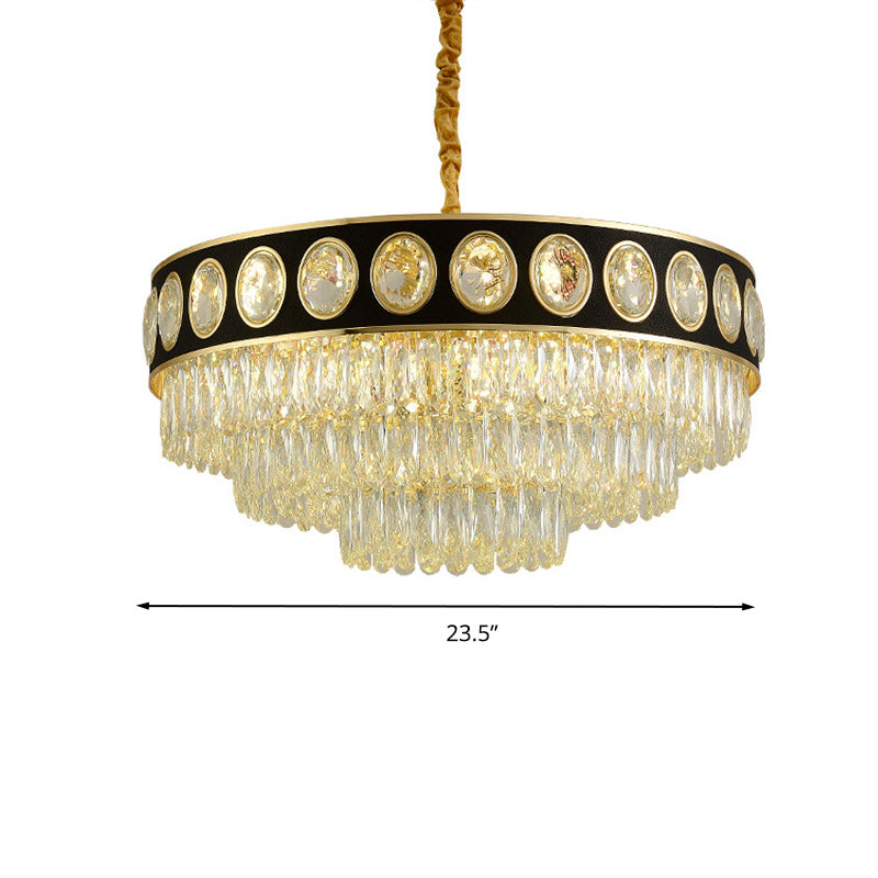 Black and Gold 3 Tiers Hanging Light Postmodern 9/11 Heads Crystal Block Chandelier Lighting, 19.5"/23.5" Wide Clearhalo 'Ceiling Lights' 'Chandeliers' 'Modern Chandeliers' 'Modern' Lighting' 278218