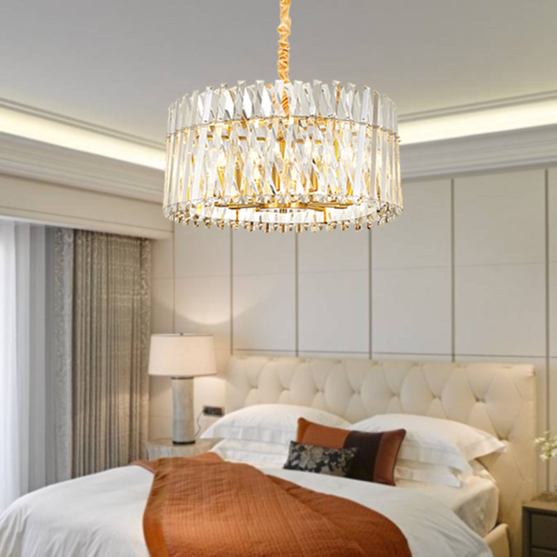 Round Tri-Sided Crystal Rod Hanging Light Fixture Postmodern 8/10 Lights Gold Chandelier Lamp Clearhalo 'Ceiling Lights' 'Chandeliers' Lighting' options 278229