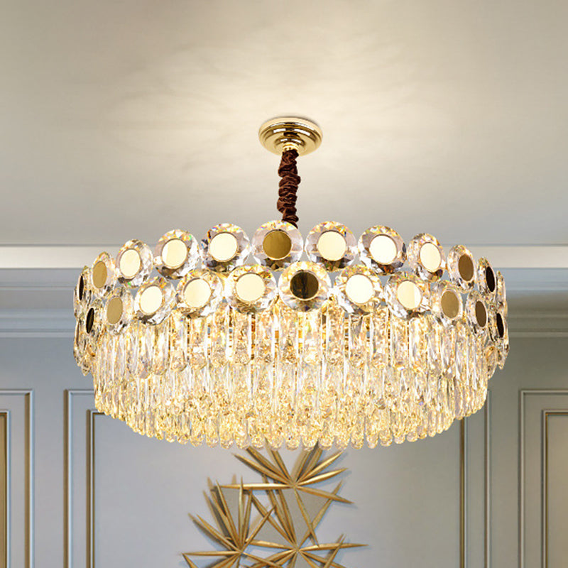 Drum Faceted Crystal Hanging Chandelier Contemporary 9 Heads Brass Ceiling Pendant Light Brass Clearhalo 'Ceiling Lights' 'Chandeliers' 'Modern Chandeliers' 'Modern' Lighting' 278269