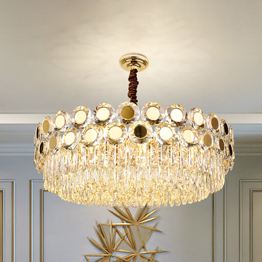 Drum Faceted Crystal Hanging Chandelier Contemporary 9 Heads Brass Ceiling Pendant Light Brass Clearhalo 'Ceiling Lights' 'Chandeliers' 'Modern Chandeliers' 'Modern' Lighting' 278269