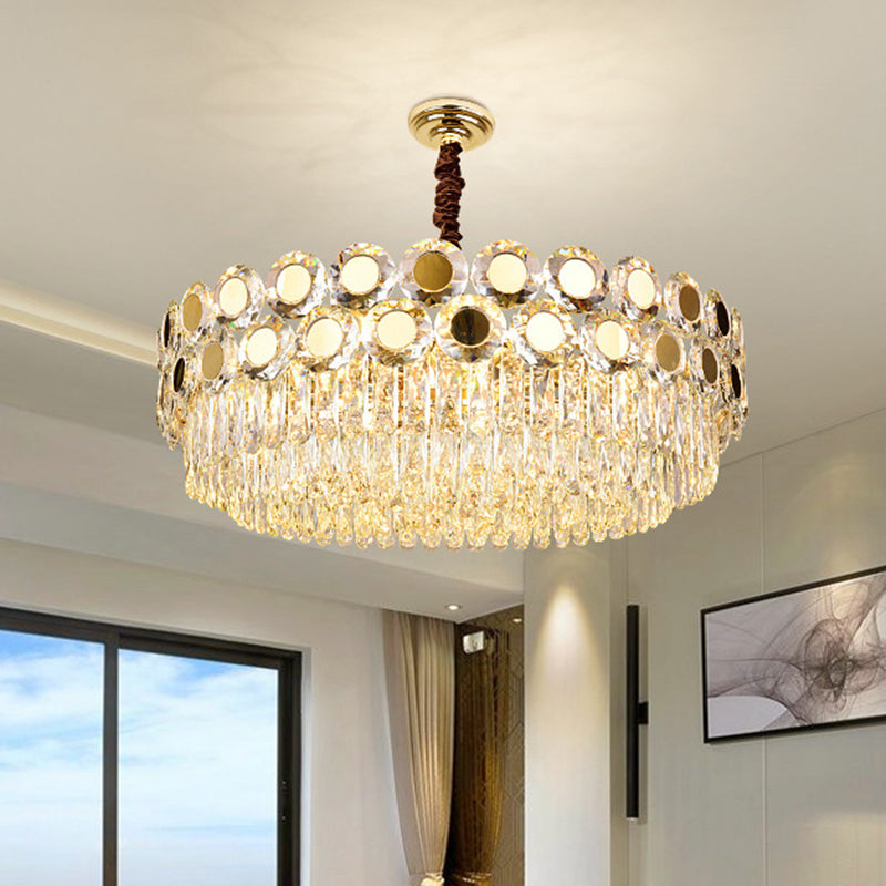 Drum Faceted Crystal Hanging Chandelier Contemporary 9 Heads Brass Ceiling Pendant Light Clearhalo 'Ceiling Lights' 'Chandeliers' 'Modern Chandeliers' 'Modern' Lighting' 278271