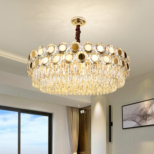 Drum Faceted Crystal Hanging Chandelier Contemporary 9 Heads Brass Ceiling Pendant Light Clearhalo 'Ceiling Lights' 'Chandeliers' 'Modern Chandeliers' 'Modern' Lighting' 278271