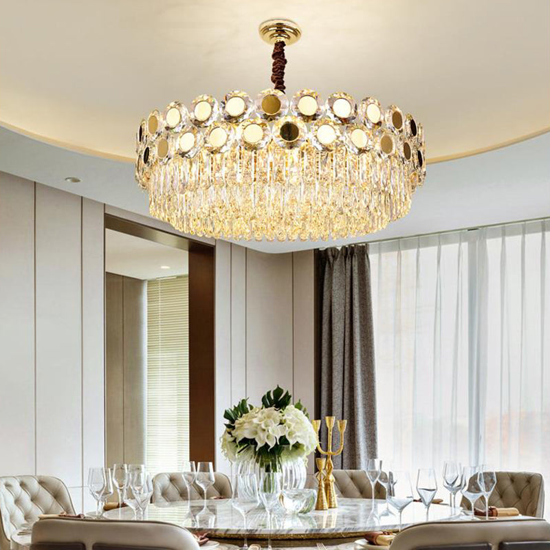 Drum Faceted Crystal Hanging Chandelier Contemporary 9 Heads Brass Ceiling Pendant Light Clearhalo 'Ceiling Lights' 'Chandeliers' 'Modern Chandeliers' 'Modern' Lighting' 278272