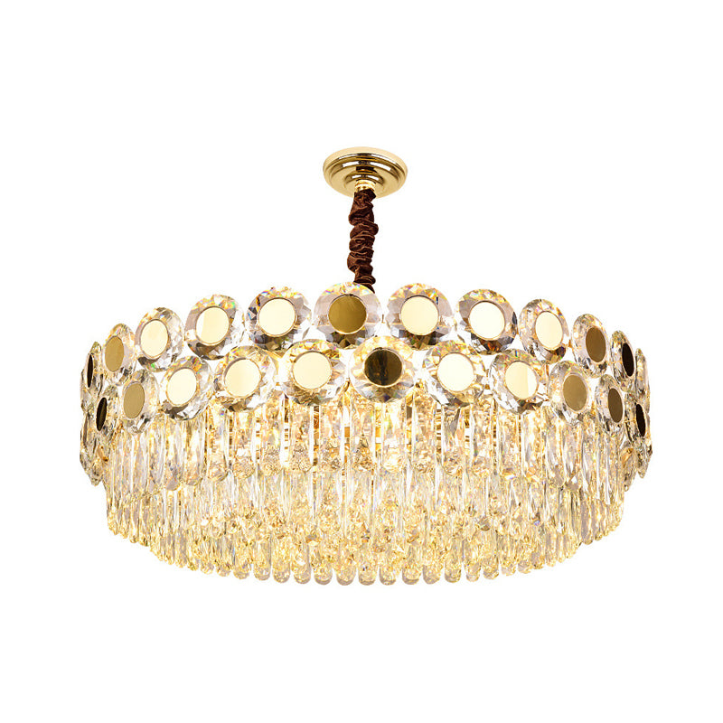 Drum Faceted Crystal Hanging Chandelier Contemporary 9 Heads Brass Ceiling Pendant Light Clearhalo 'Ceiling Lights' 'Chandeliers' 'Modern Chandeliers' 'Modern' Lighting' 278273