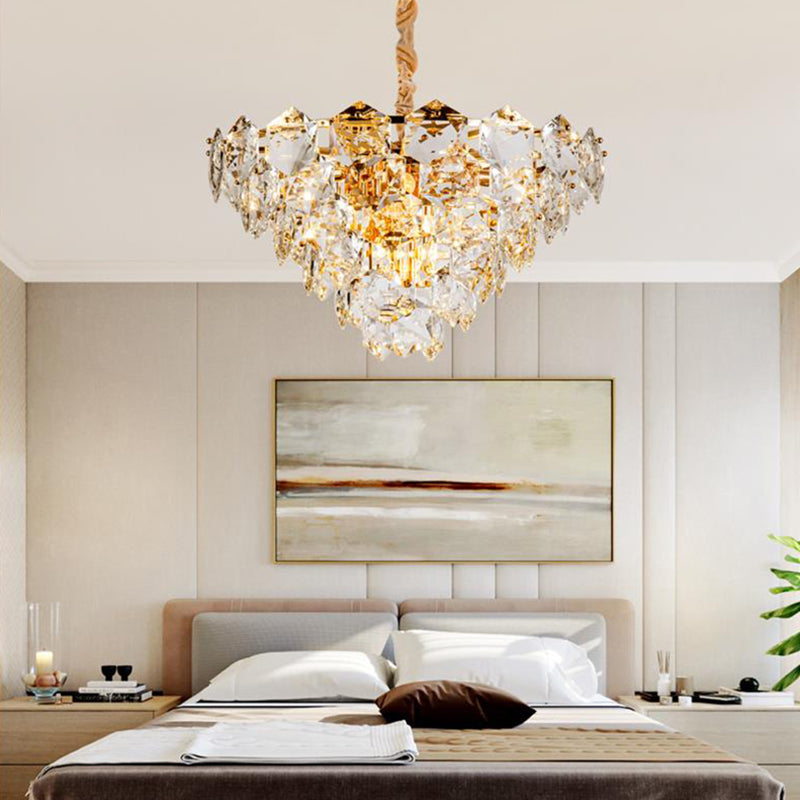 Simple Tapered Hexagon Crystal Hanging Lamp 8 Lights Chandelier Light Fixture in Gold Clearhalo 'Ceiling Lights' 'Chandeliers' Lighting' options 278279