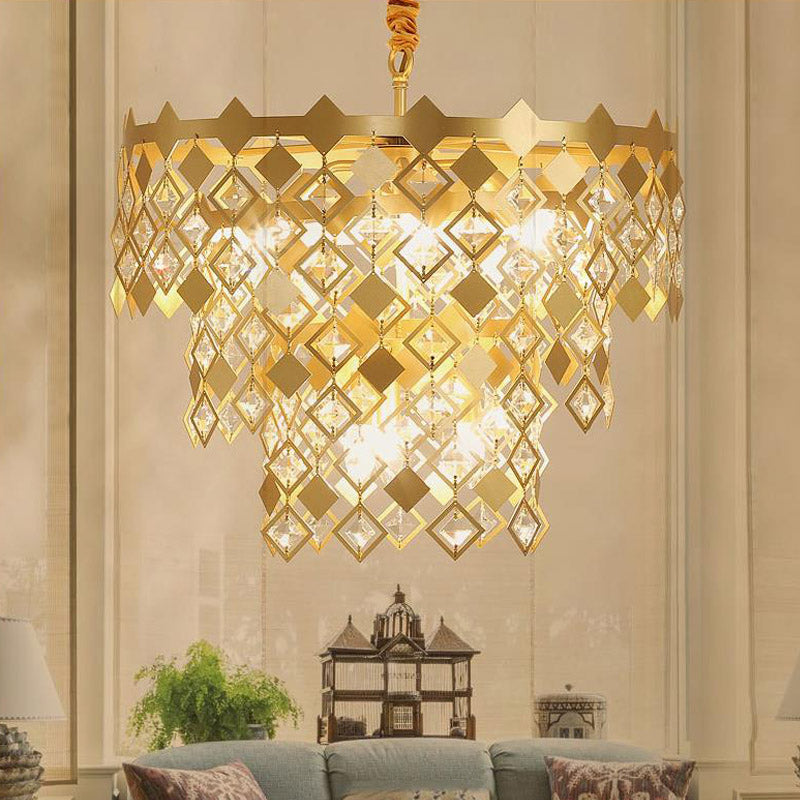 3 Tiers Dining Room Chandelier Light K9 Crystal 6 Heads Postmodern Pendant Light Fixture in Gold Clearhalo 'Ceiling Lights' 'Chandeliers' Lighting' options 278311