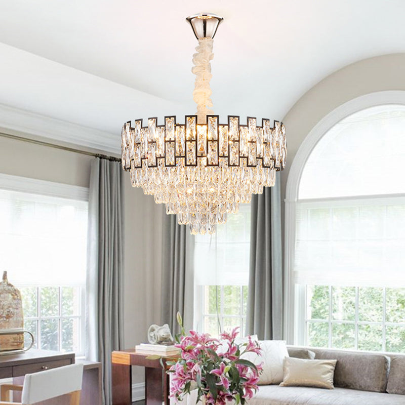 16"/19.5" Wide Nickel Tapered Ceiling Chandelier Modern 6/10 Heads Crystal Block Hanging Ceiling Light Clearhalo 'Ceiling Lights' 'Chandeliers' 'Modern Chandeliers' 'Modern' Lighting' 278321