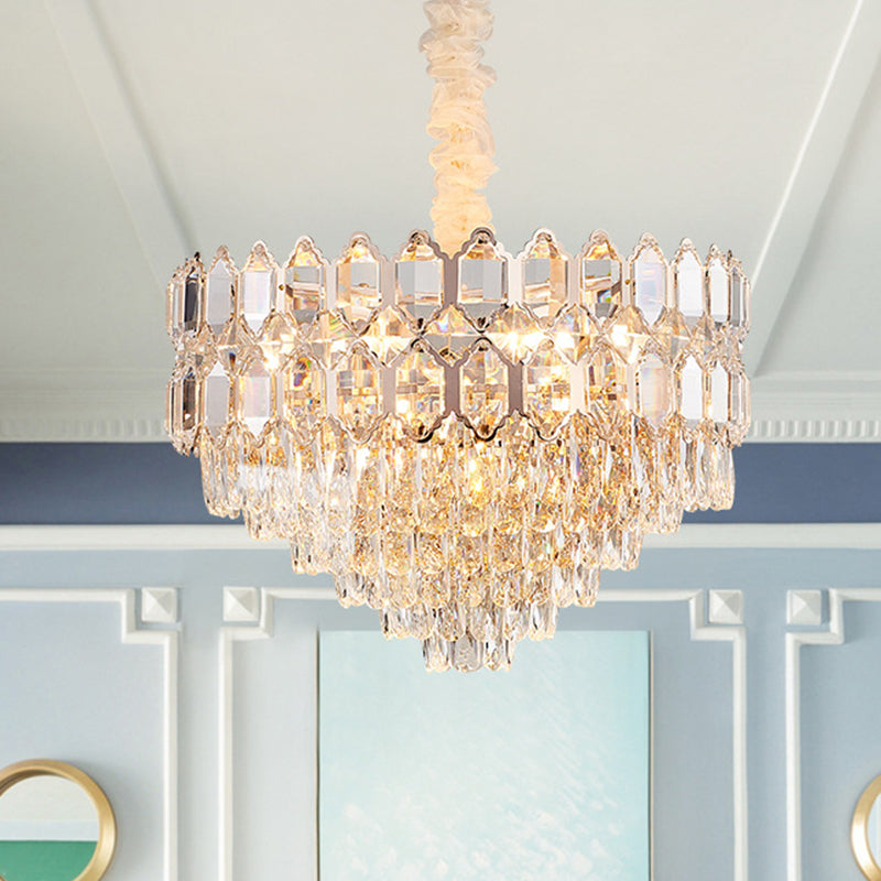 Conical Pendant Lighting Modernism K9 Crystal 6/8 Lights Champagne Chandelier Light Fixture, 16"/19.5" Wide Champagne Clearhalo 'Ceiling Lights' 'Chandeliers' 'Modern Chandeliers' 'Modern' Lighting' 278326