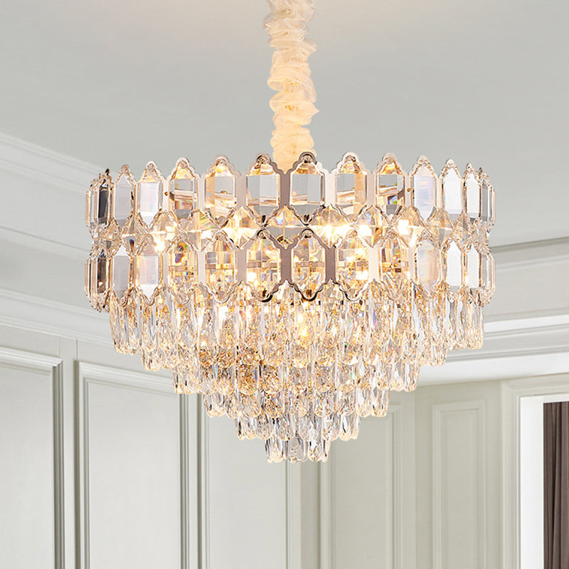 Conical Pendant Lighting Modernism K9 Crystal 6/8 Lights Champagne Chandelier Light Fixture, 16"/19.5" Wide Clearhalo 'Ceiling Lights' 'Chandeliers' 'Modern Chandeliers' 'Modern' Lighting' 278327