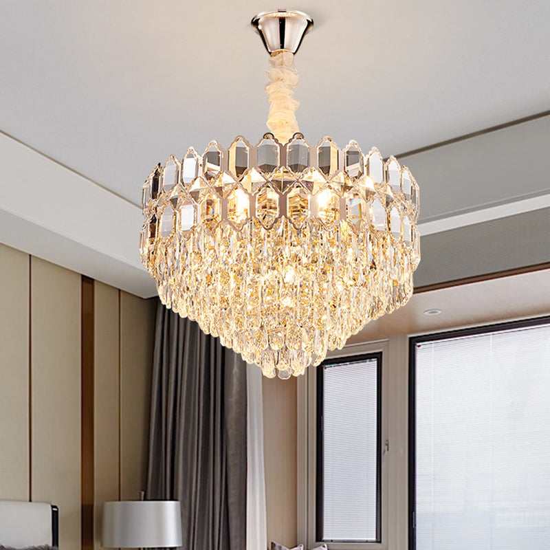 Conical Pendant Lighting Modernism K9 Crystal 6/8 Lights Champagne Chandelier Light Fixture, 16"/19.5" Wide Clearhalo 'Ceiling Lights' 'Chandeliers' 'Modern Chandeliers' 'Modern' Lighting' 278328