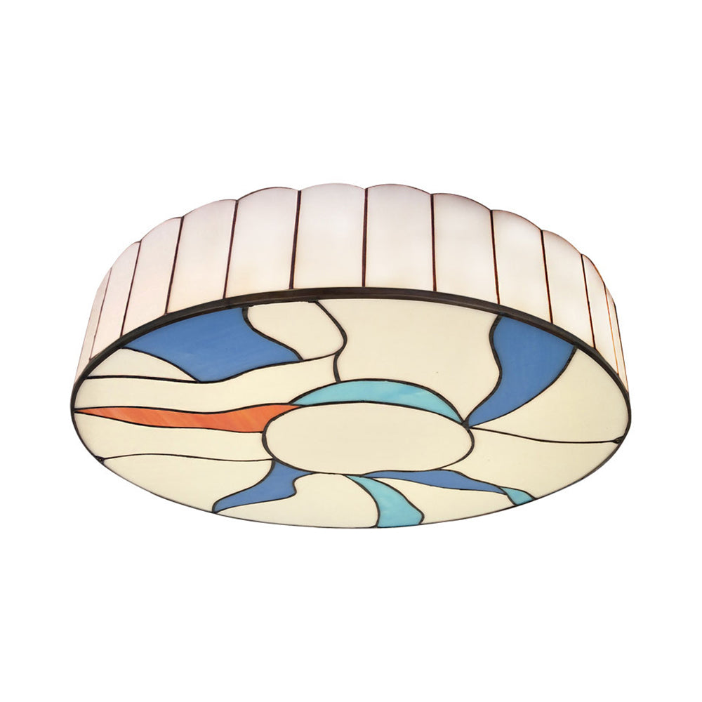 16"/19.5" W Stained Glass Drum Flush Ceiling Light Modernism Living Room Flush Mount Light in White Clearhalo 'Ceiling Lights' 'Close To Ceiling Lights' 'Close to ceiling' 'Flush mount' Lighting' 27833