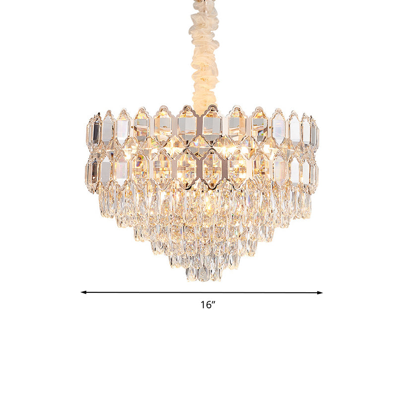 Conical Pendant Lighting Modernism K9 Crystal 6/8 Lights Champagne Chandelier Light Fixture, 16"/19.5" Wide Clearhalo 'Ceiling Lights' 'Chandeliers' 'Modern Chandeliers' 'Modern' Lighting' 278331