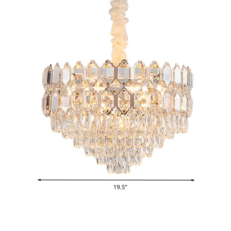 Conical Pendant Lighting Modernism K9 Crystal 6/8 Lights Champagne Chandelier Light Fixture, 16"/19.5" Wide Clearhalo 'Ceiling Lights' 'Chandeliers' 'Modern Chandeliers' 'Modern' Lighting' 278332