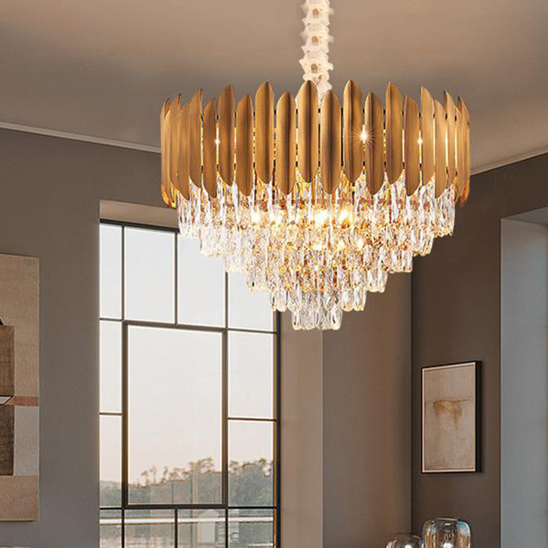 Faceted Crystal Cone Chandelier Pendant Light Postmodern 6/10 Heads 16"/19.5" Wide Brass Hanging Light Fixture Brass Clearhalo 'Ceiling Lights' 'Chandeliers' 'Modern Chandeliers' 'Modern' Lighting' 278334