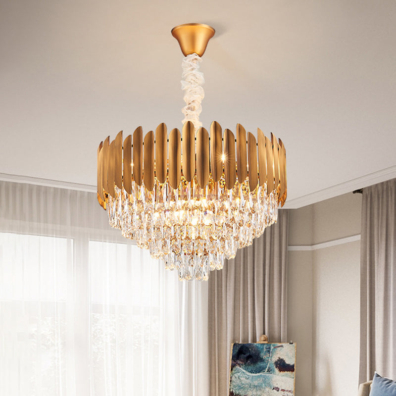 Faceted Crystal Cone Chandelier Pendant Light Postmodern 6/10 Heads 16"/19.5" Wide Brass Hanging Light Fixture Clearhalo 'Ceiling Lights' 'Chandeliers' 'Modern Chandeliers' 'Modern' Lighting' 278336