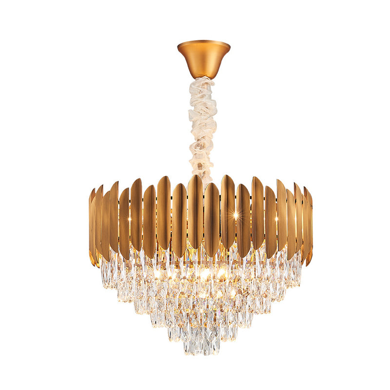 Faceted Crystal Cone Chandelier Pendant Light Postmodern 6/10 Heads 16"/19.5" Wide Brass Hanging Light Fixture Clearhalo 'Ceiling Lights' 'Chandeliers' 'Modern Chandeliers' 'Modern' Lighting' 278338