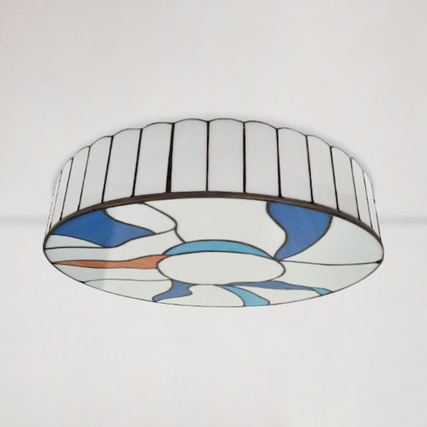 16"/19.5" W Stained Glass Drum Flush Ceiling Light Modernism Living Room Flush Mount Light in White Clearhalo 'Ceiling Lights' 'Close To Ceiling Lights' 'Close to ceiling' 'Flush mount' Lighting' 27834