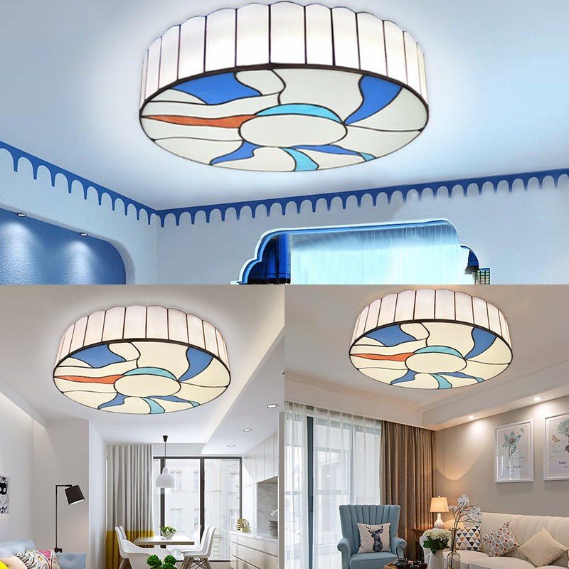 16"/19.5" W Stained Glass Drum Flush Ceiling Light Modernism Living Room Flush Mount Light in White Clearhalo 'Ceiling Lights' 'Close To Ceiling Lights' 'Close to ceiling' 'Flush mount' Lighting' 27836