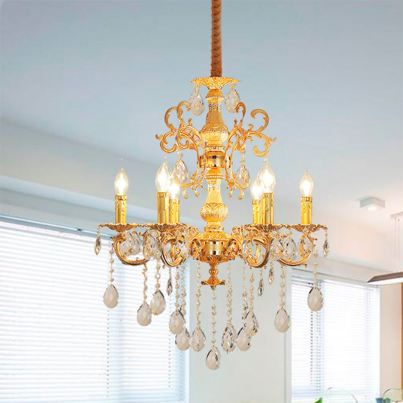 Contemporary Candle Chandelier Lamp Crystal 6/8 Lights Bedroom Pendant Light Fixture in Gold 6 Gold Clearhalo 'Ceiling Lights' 'Chandeliers' Lighting' options 278362_480d78d2-74da-48ed-a297-b8a55f310117