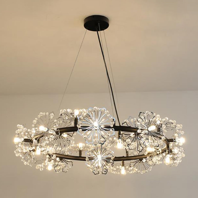 Flower Living Room Hanging Light Fixture Crystal Beaded 15 Heads Contemporary Chandelier Lamp in Black Black Clearhalo 'Ceiling Lights' 'Chandeliers' 'Modern Chandeliers' 'Modern' Lighting' 278380